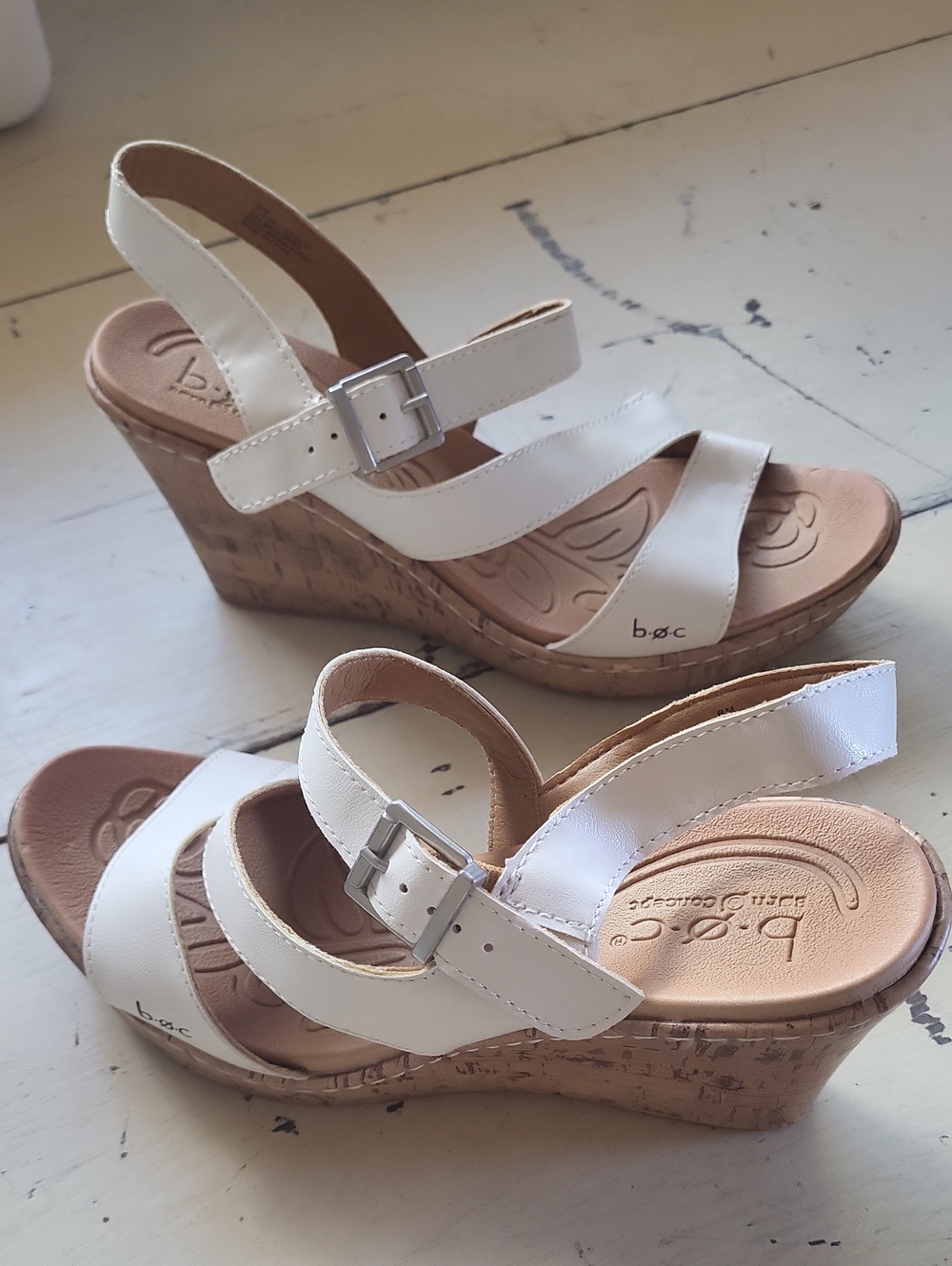 b.o.c White Cork Wedge Sandals with Buckle Strap